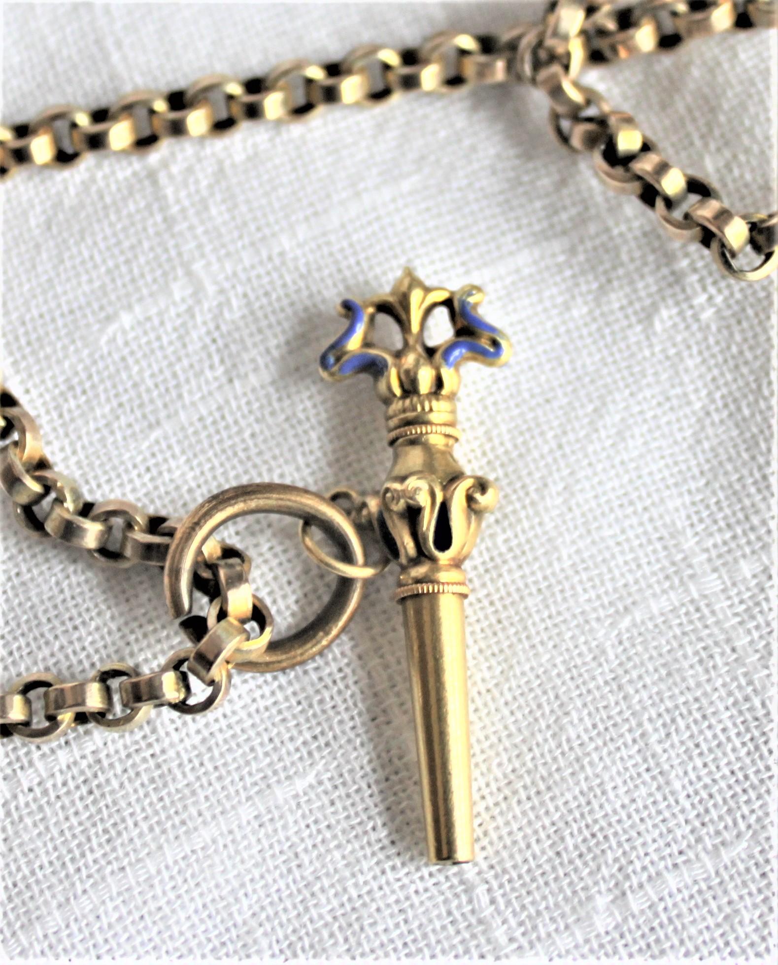 Antique Edwardian 9-Karat Yellow Gold Slide Watch Chain Necklace & Key For Sale 2
