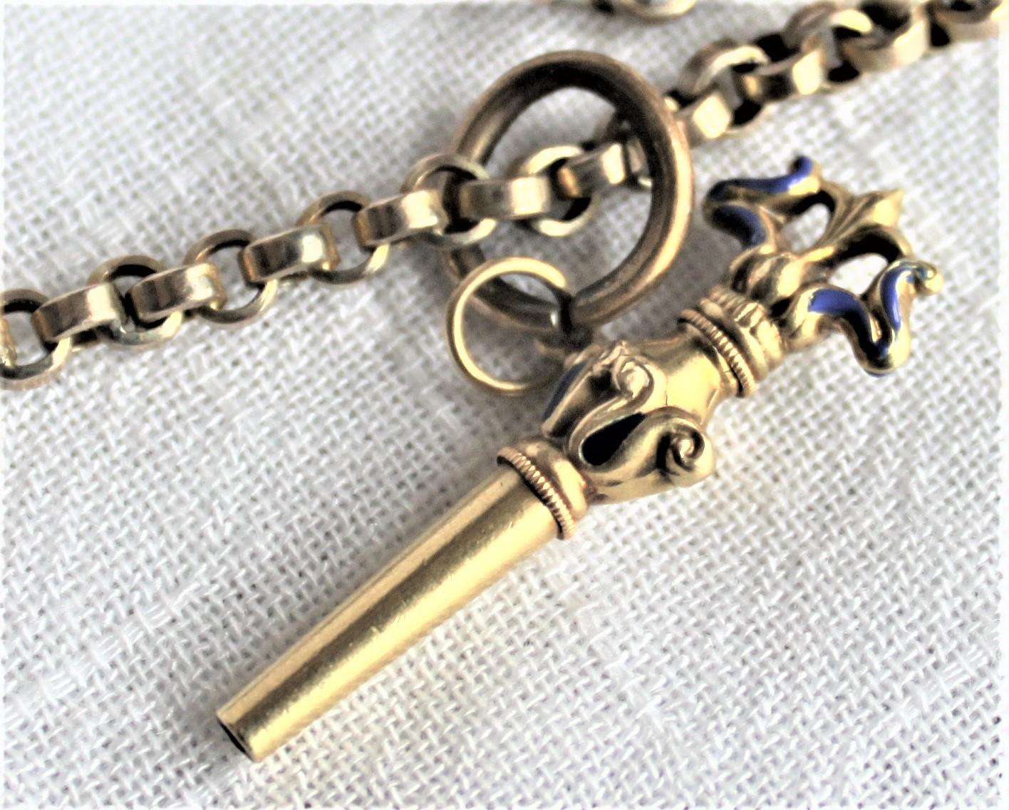 Antique Edwardian 9-Karat Yellow Gold Slide Watch Chain Necklace & Key For Sale 3