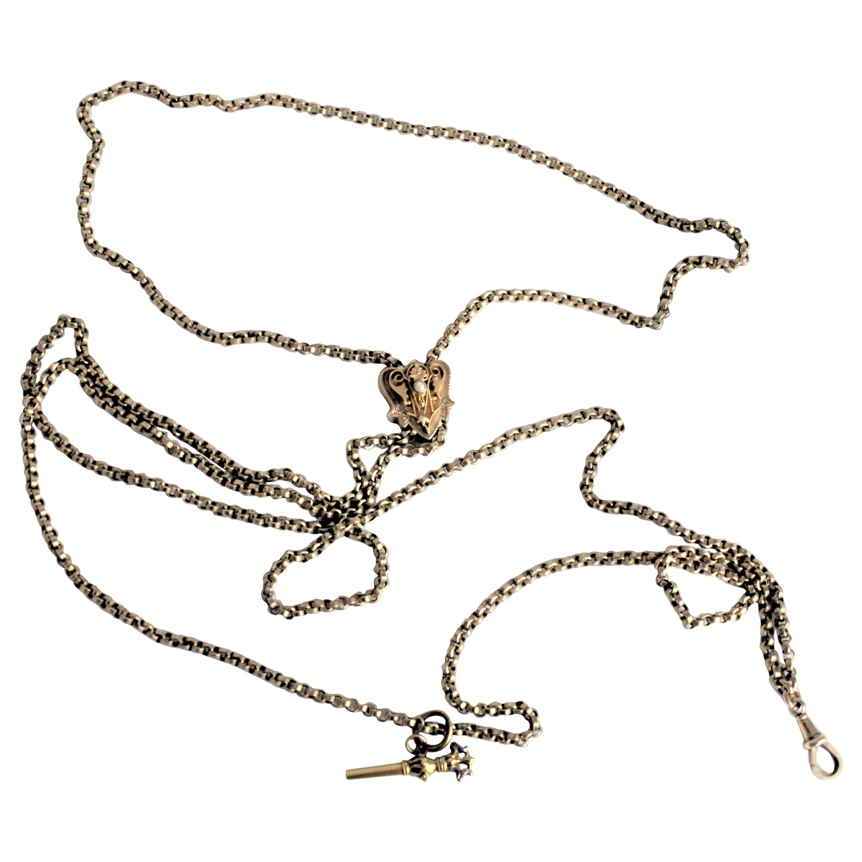Antique Edwardian 9-Karat Yellow Gold Slide Watch Chain Necklace & Key For Sale