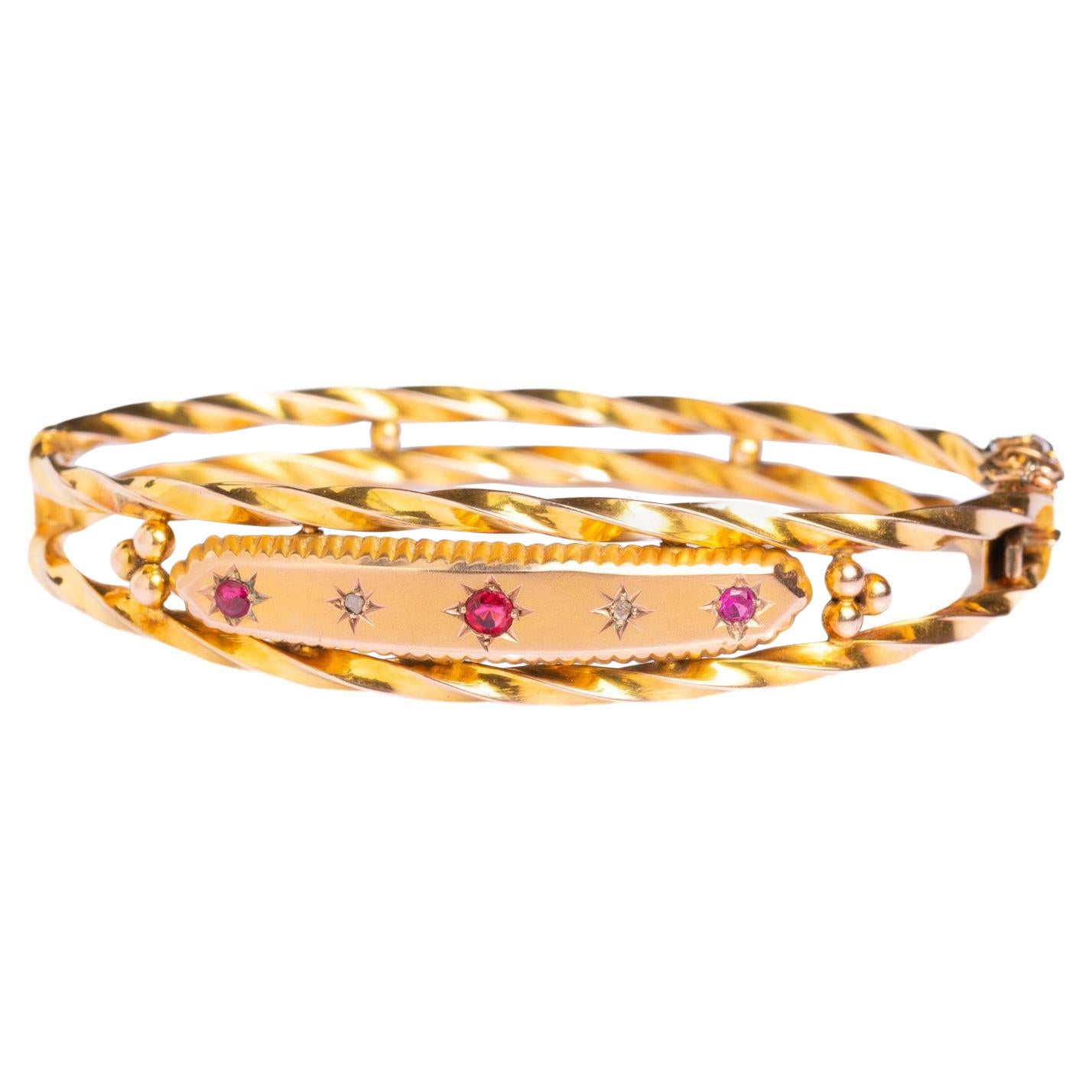 Antique Edwardian 9ct Gold Diamond And Ruby Starburst Bangle