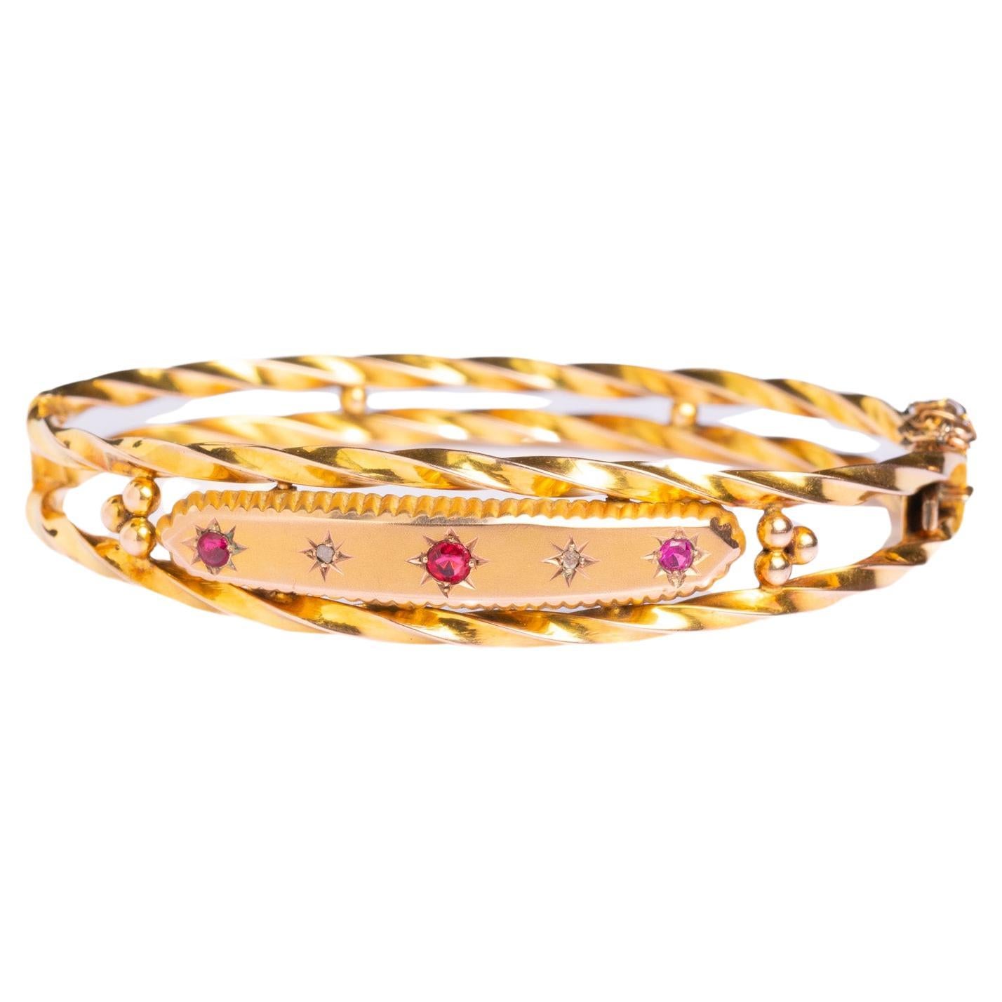 Antique Edwardian 9ct Gold Diamond And Ruby Starburst Bangle