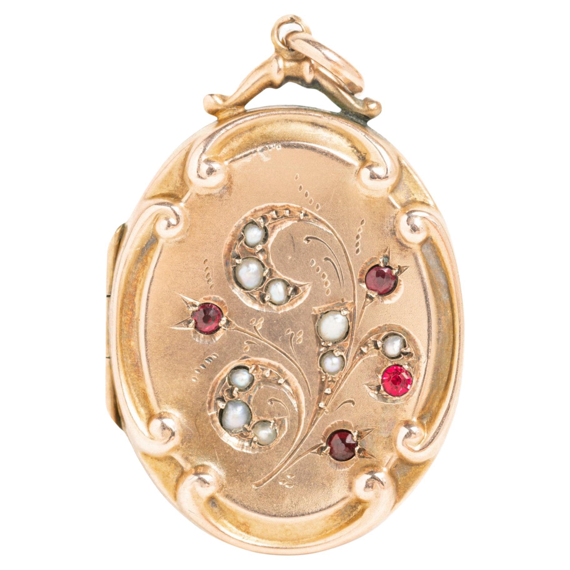 Antique Edwardian 9ct Gold Front & Back Ruby And Pearl Locket For Sale