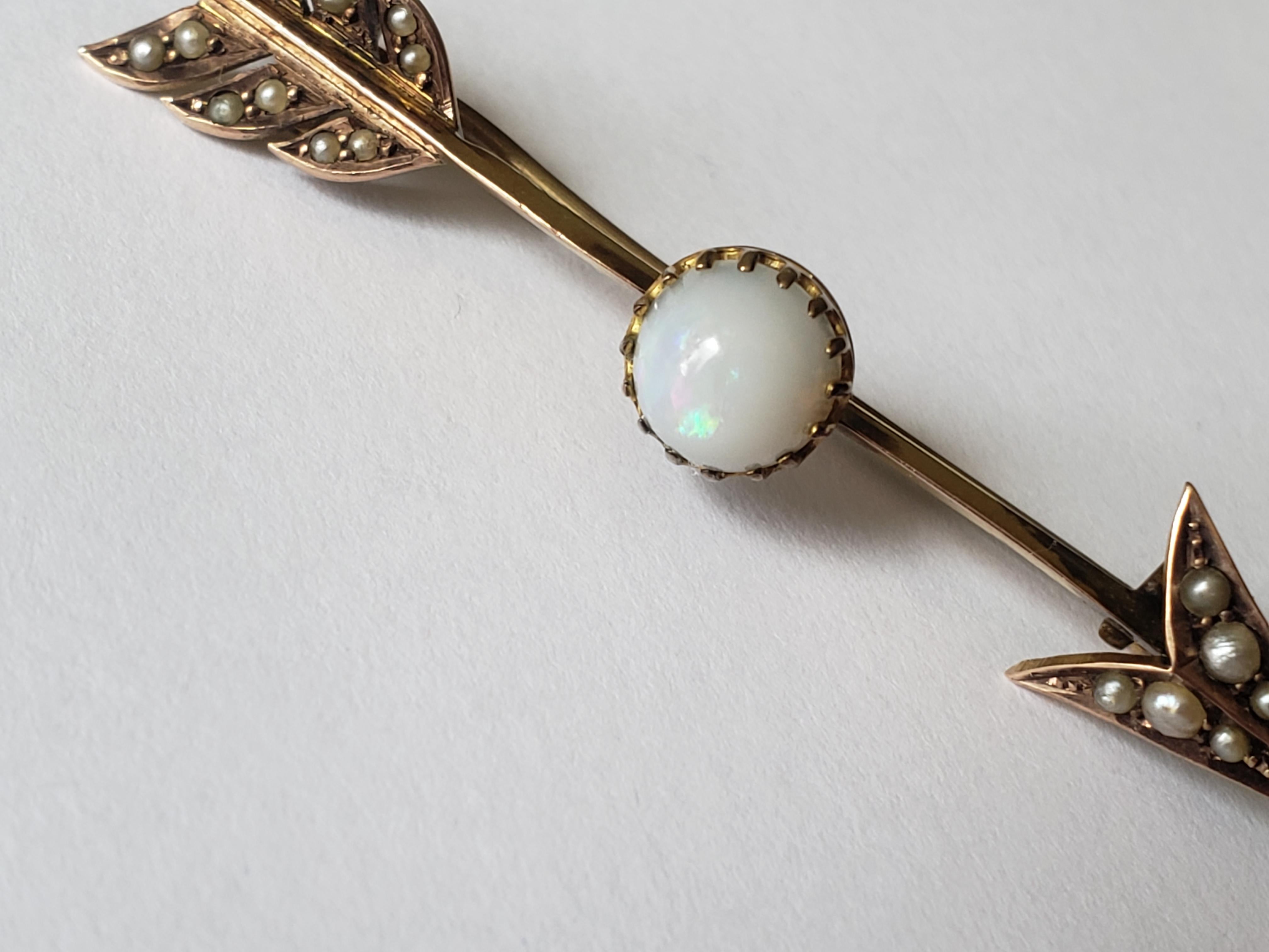 Women's Antique Edwardian 9CT Gold Opal Pearl Arrow brooch