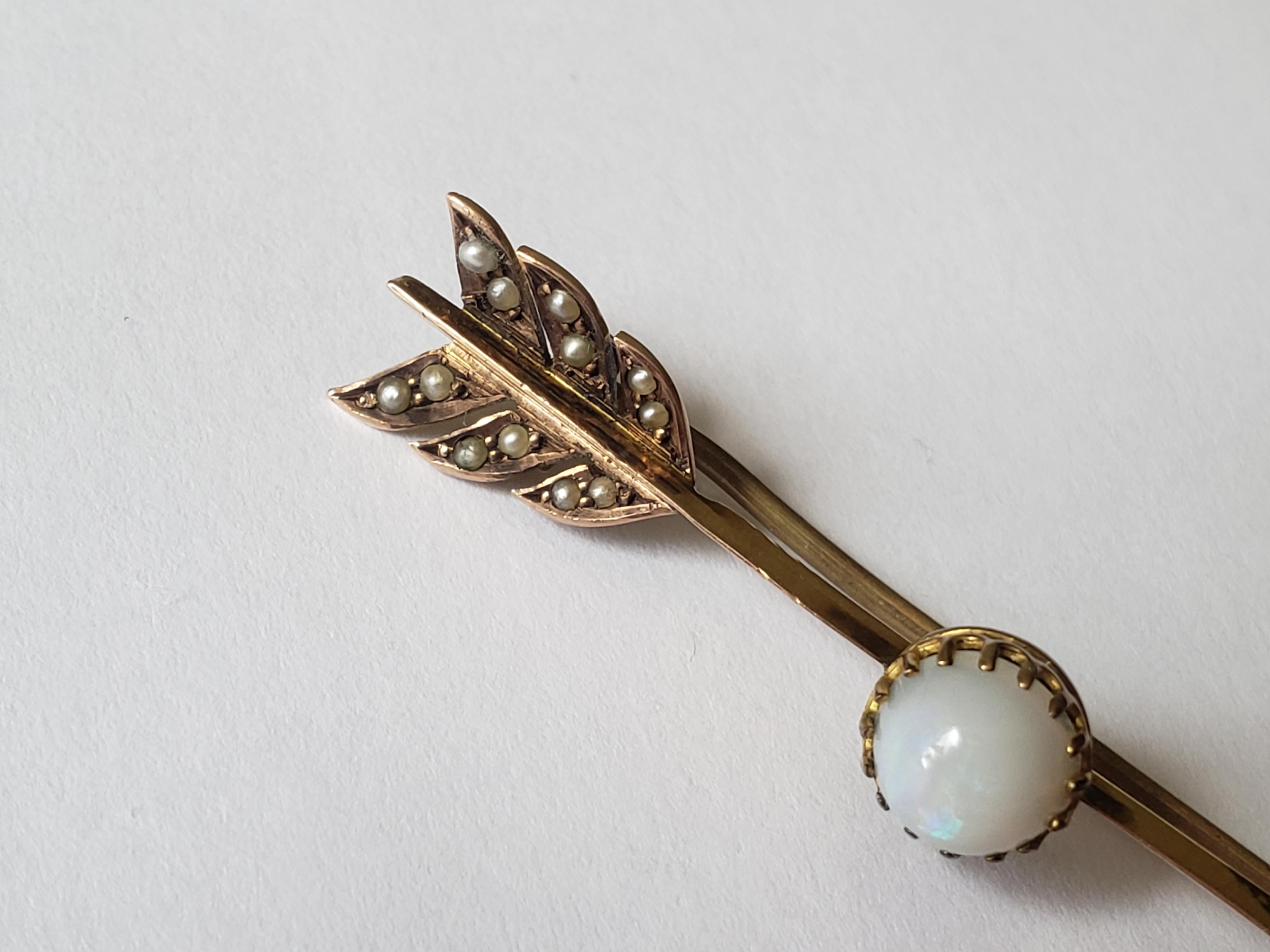 Antique Edwardian 9CT Gold Opal Pearl Arrow brooch 1