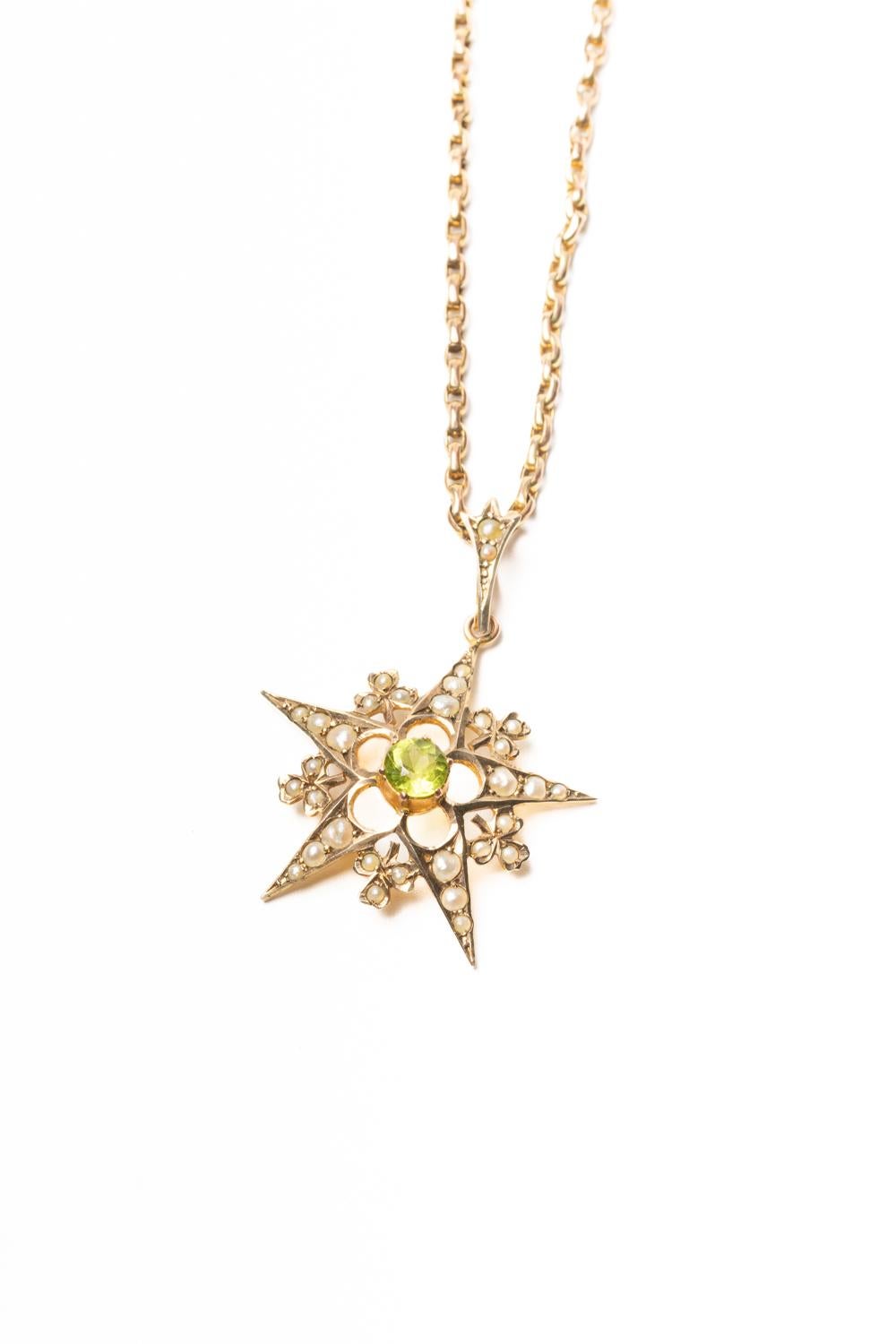 Antique 9ct Gold Peridot And Pearl Pendant With A Chain In Excellent Condition In Portland, GB