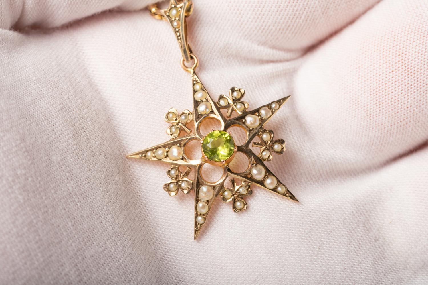 Antique 9ct Gold Peridot And Pearl Pendant With A Chain 1
