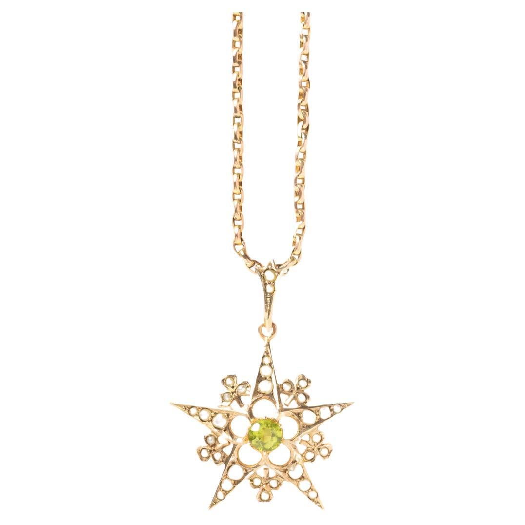 Antique 9ct Gold Peridot And Pearl Pendant With A Chain