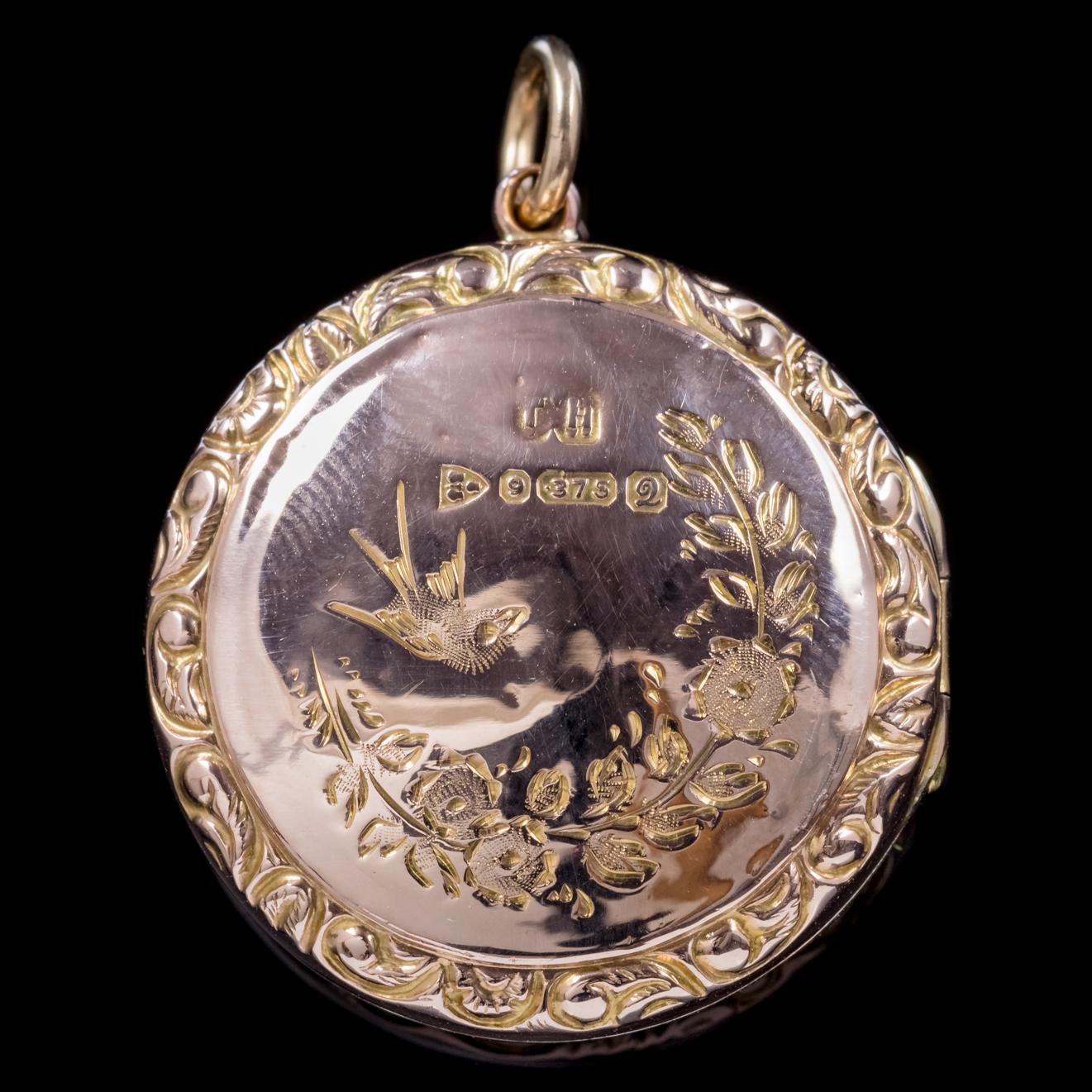 This fabulous little antique Victorian locket is fully hallmarked and dated Chester 1916.

The piece features a lovely engraved border with an image of a swallow and flowers on the front and back. 

Swallows are known to mate for life and therefore