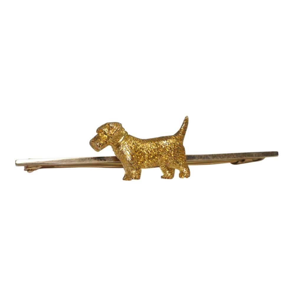 Antique Edwardian 9ct gold terrier bar brooch; our little dog weighs 6.4gms and the brooch measures 5.5cms from end to end of the pin; the dog is 2cms long; the height from tail to paw is 1cm. This brooch is in excellent vintage condition and has