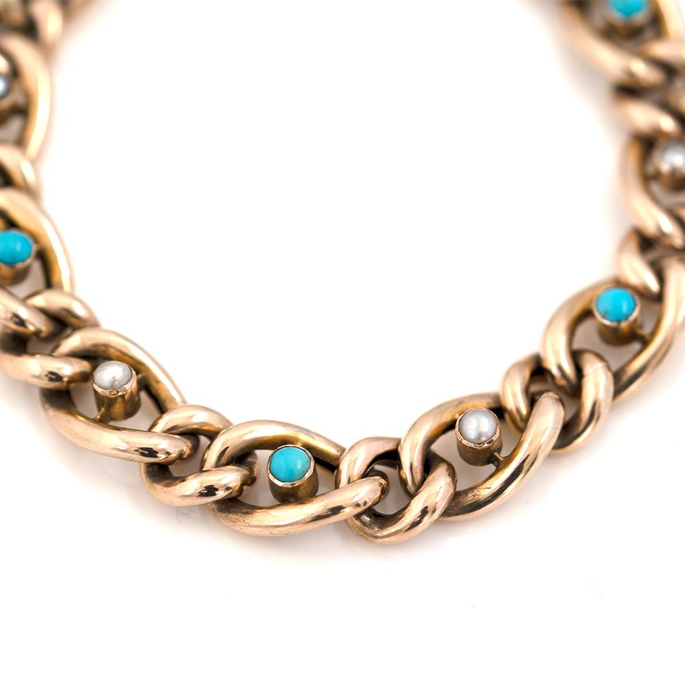 Cabochon Antique Edwardian 9 Carat Gold Turquoise Pearl Curb Bracelet