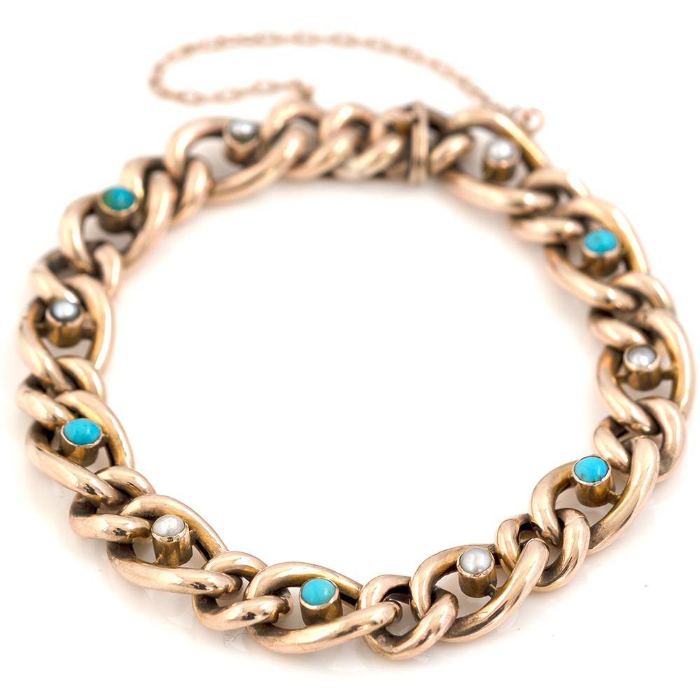 Women's Antique Edwardian 9 Carat Gold Turquoise Pearl Curb Bracelet