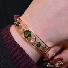 Antique Edwardian 9ct Rose Gold Green Tourmaline And Seed Pearl Bangle