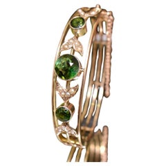 Antique Edwardian 9ct Rose Gold Green Tourmaline And Seed Pearl Bangle