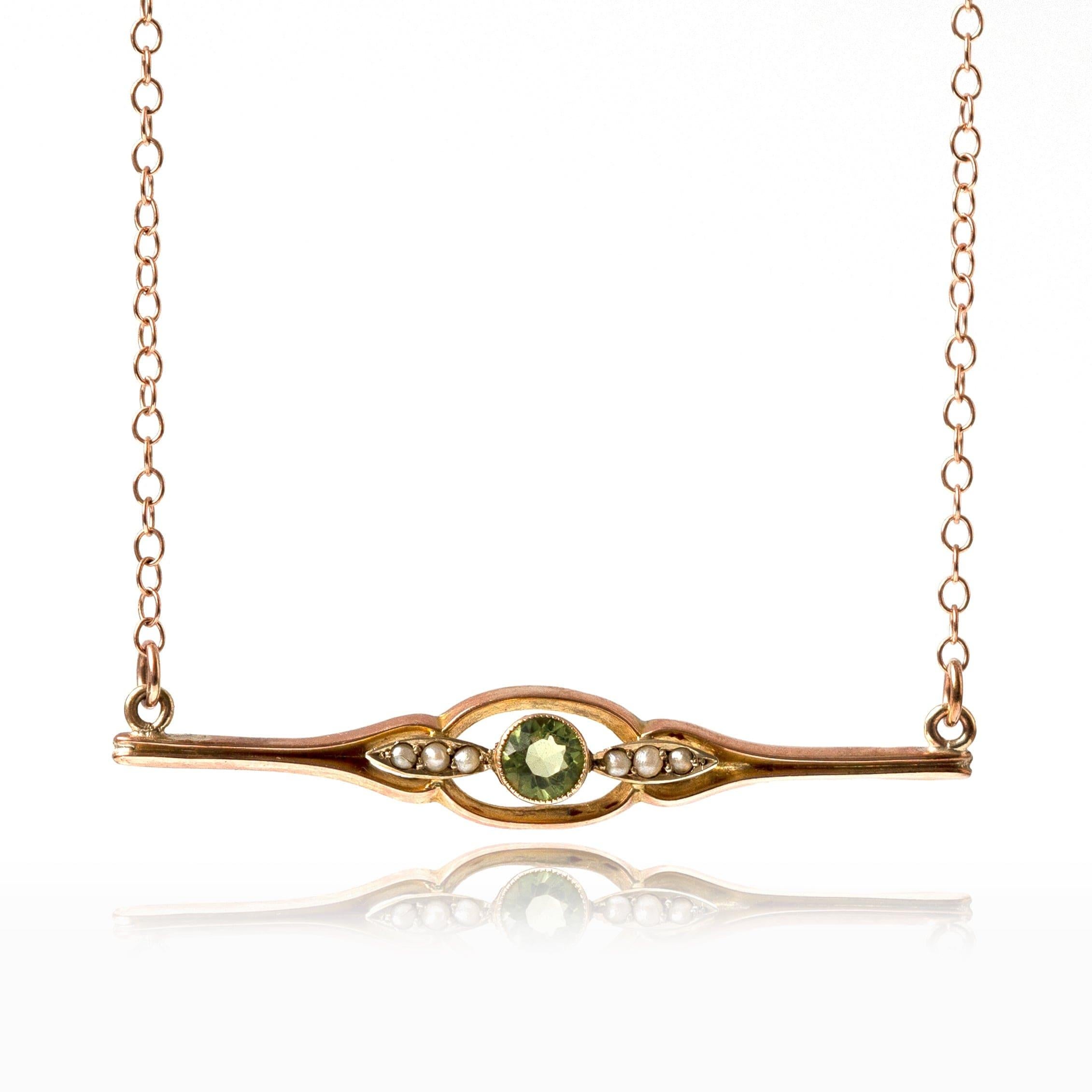 Round Cut Antique Edwardian 9ct Rose Gold Peridot Pearl Necklace For Sale