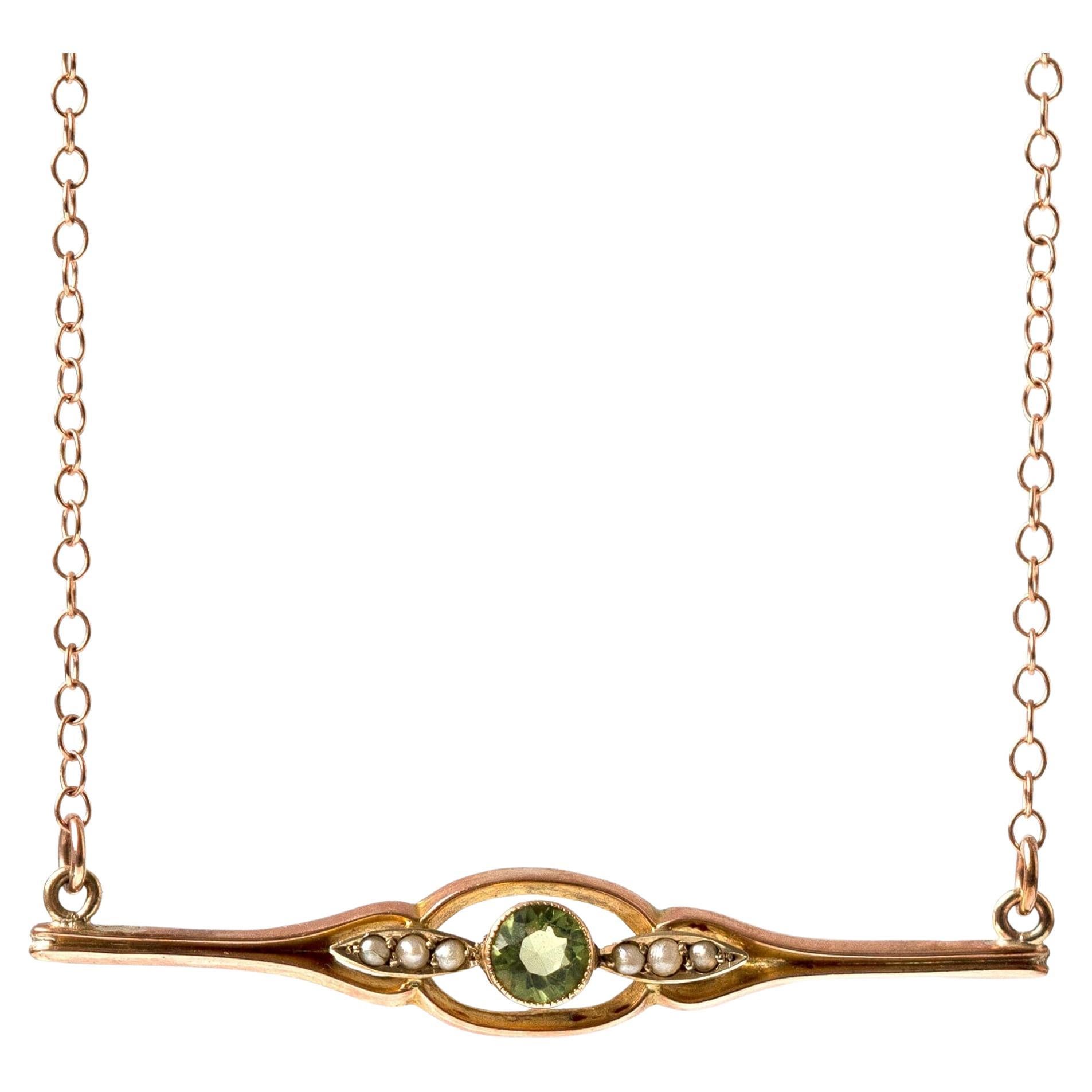 Antique Edwardian 9ct Rose Gold Peridot Pearl Necklace For Sale