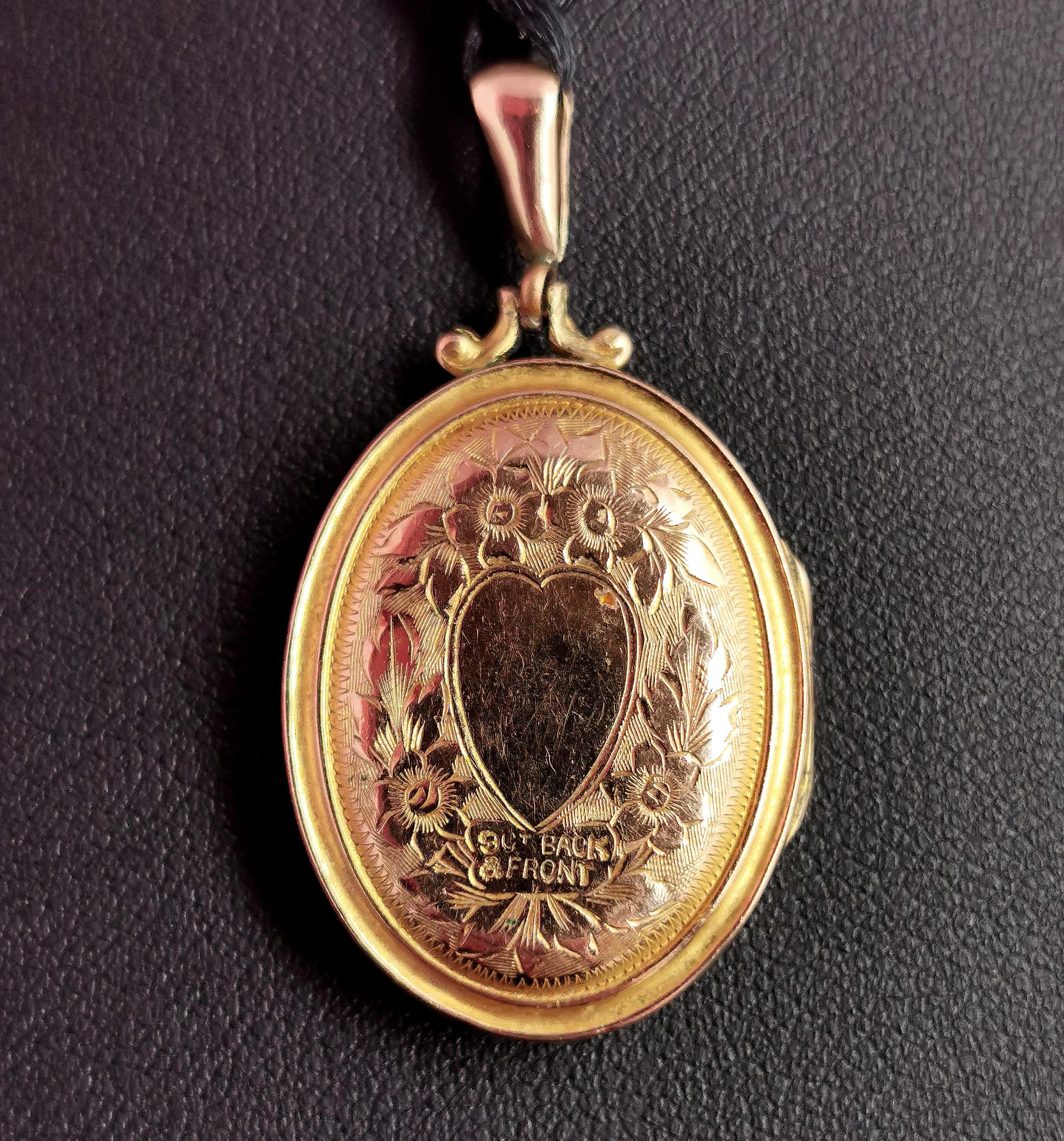 Antique Edwardian 9k Gold Front and Back Locket, Love Heart, Engraved 8