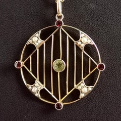 Antique Edwardian 9k Gold Gemset Pendant, Peridot, Garnet and Pearl