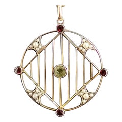 Antique Edwardian 9k Gold Gemset Pendant, Peridot, Garnet and Pearl