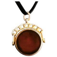 Antique Edwardian 9k Gold Swivel Fob, Spinning, Pendant, Bloodstone, Carnelian