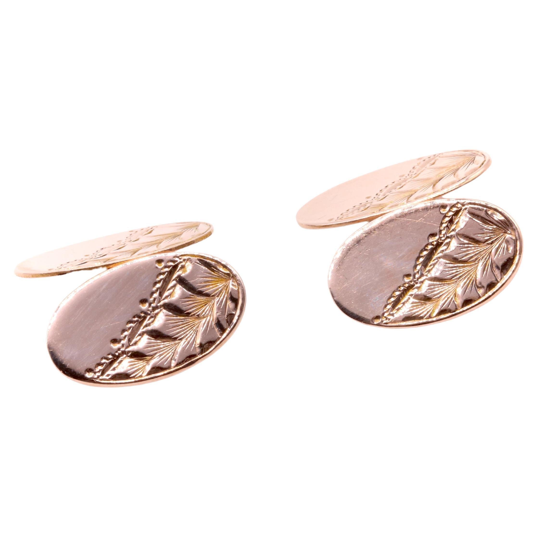 Antique Edwardian 9K Rose Gold Oval Floral Engraved Cufflinks