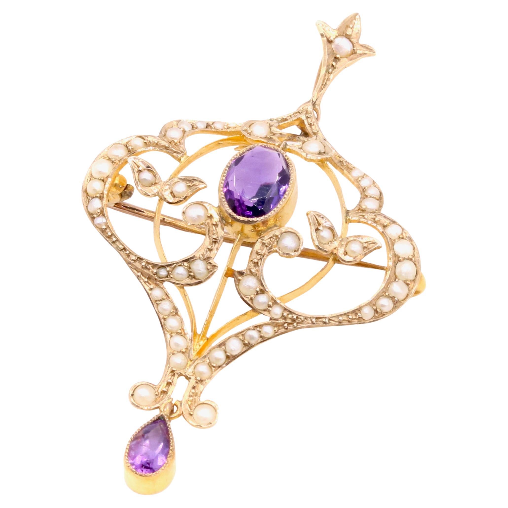 Antique Edwardian 9K Yellow Gold Amethyst and Pearl Pendant and Brooch