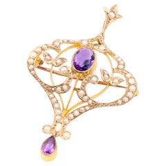 Antique Edwardian 9K Yellow Gold Amethyst and Pearl Pendant and Brooch