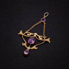 Antique Edwardian 9K Yellow Gold Amethyst and Pearl Pendant