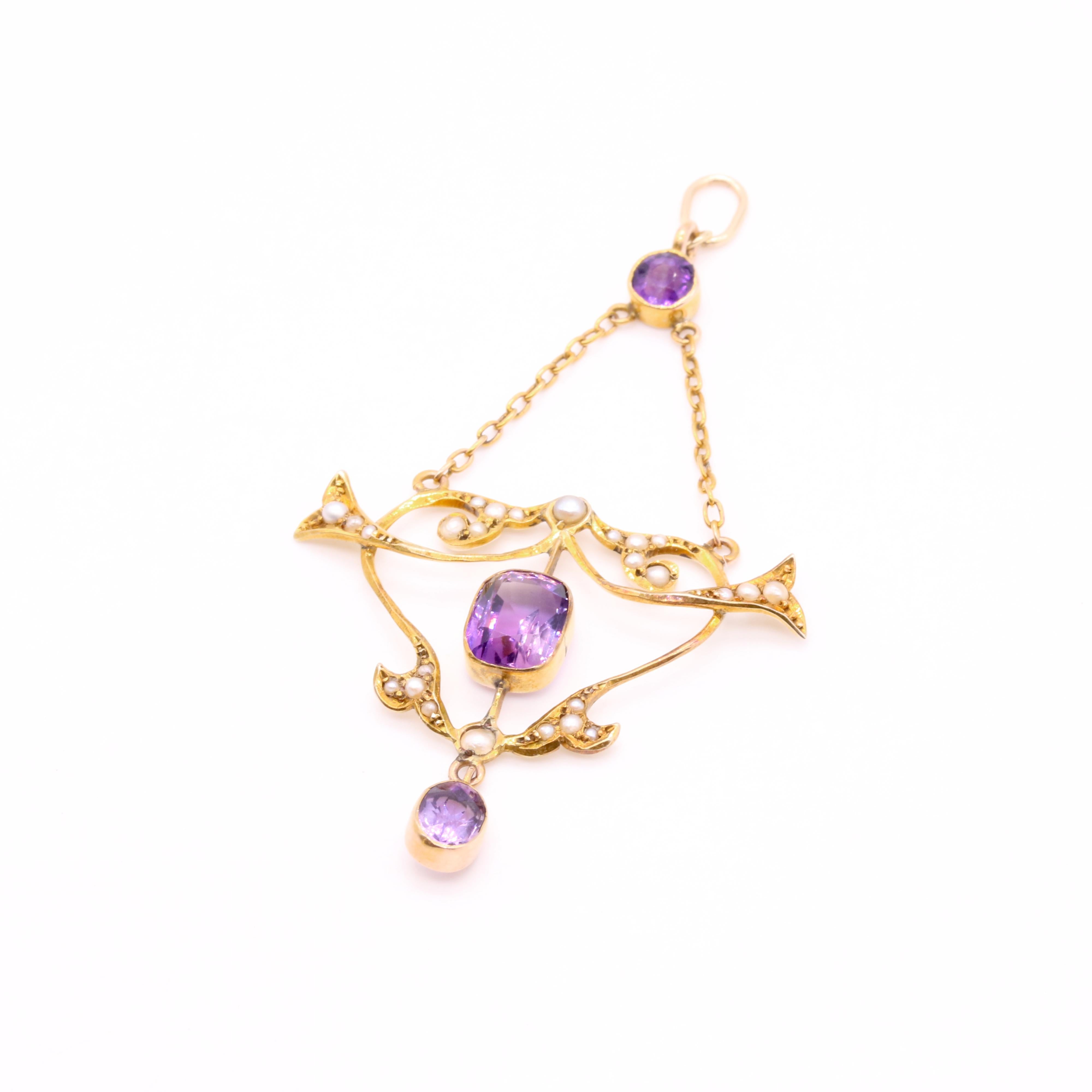 Antique Edwardian 9K Yellow Gold Amethyst and Pearl Pendant