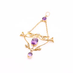 Antique Edwardian 9K Yellow Gold Amethyst and Pearl Pendant