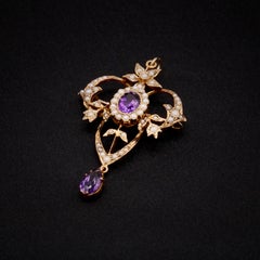 Antique Edwardian 9K Yellow Gold Amethyst and Seed Pearl Star Pendant and Brooch
