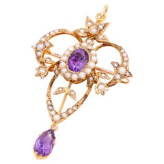 Antique Edwardian 9K Yellow Gold Amethyst and Seed Pearl Star Pendant and Brooch