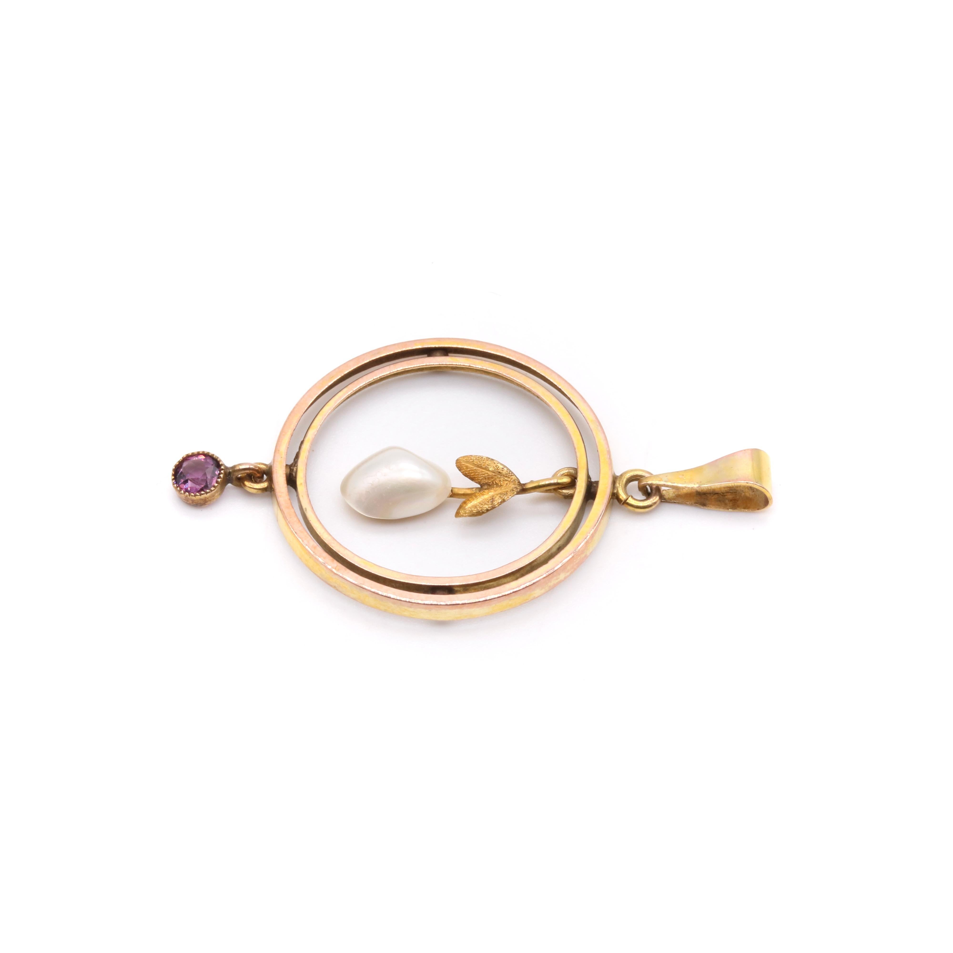 Pendentif édouardien ancien en or jaune 9 carats, perle baroque et améthyste Unisexe en vente