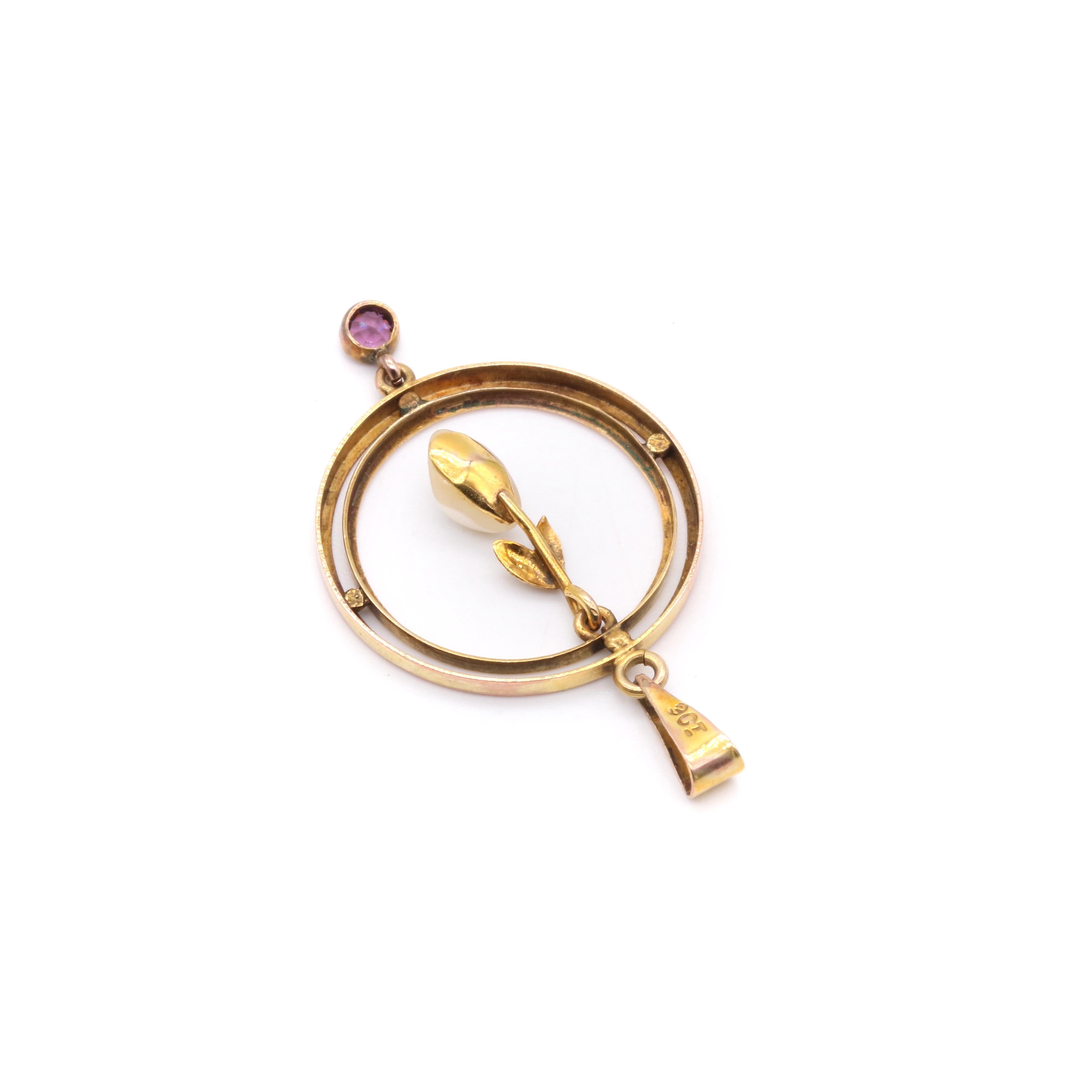 Pendentif édouardien ancien en or jaune 9 carats, perle baroque et améthyste en vente 1