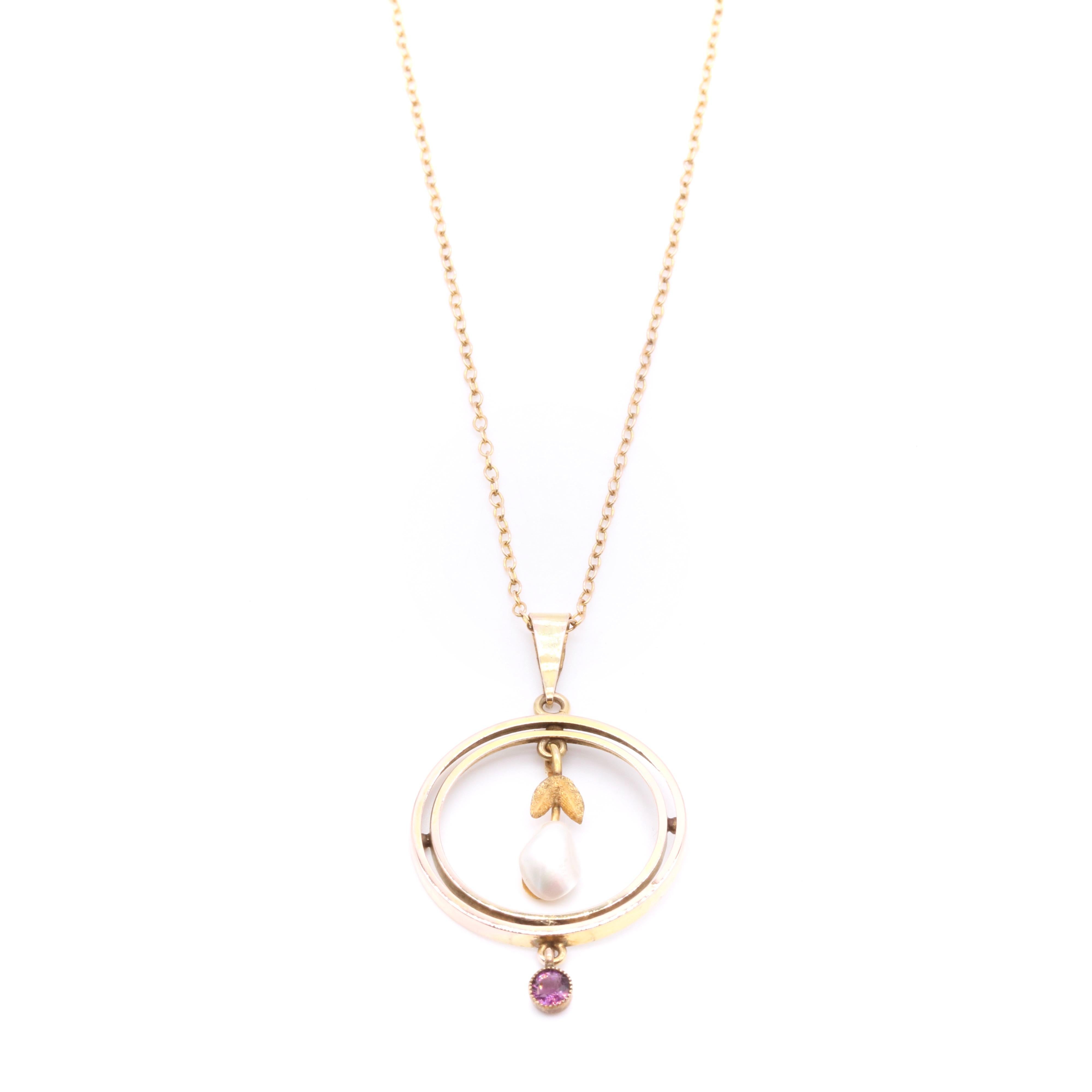 Pendentif édouardien ancien en or jaune 9 carats, perle baroque et améthyste en vente 2
