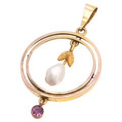 Antique Edwardian 9K Yellow Gold Baroque Pearl and Amethyst Drop Pendant