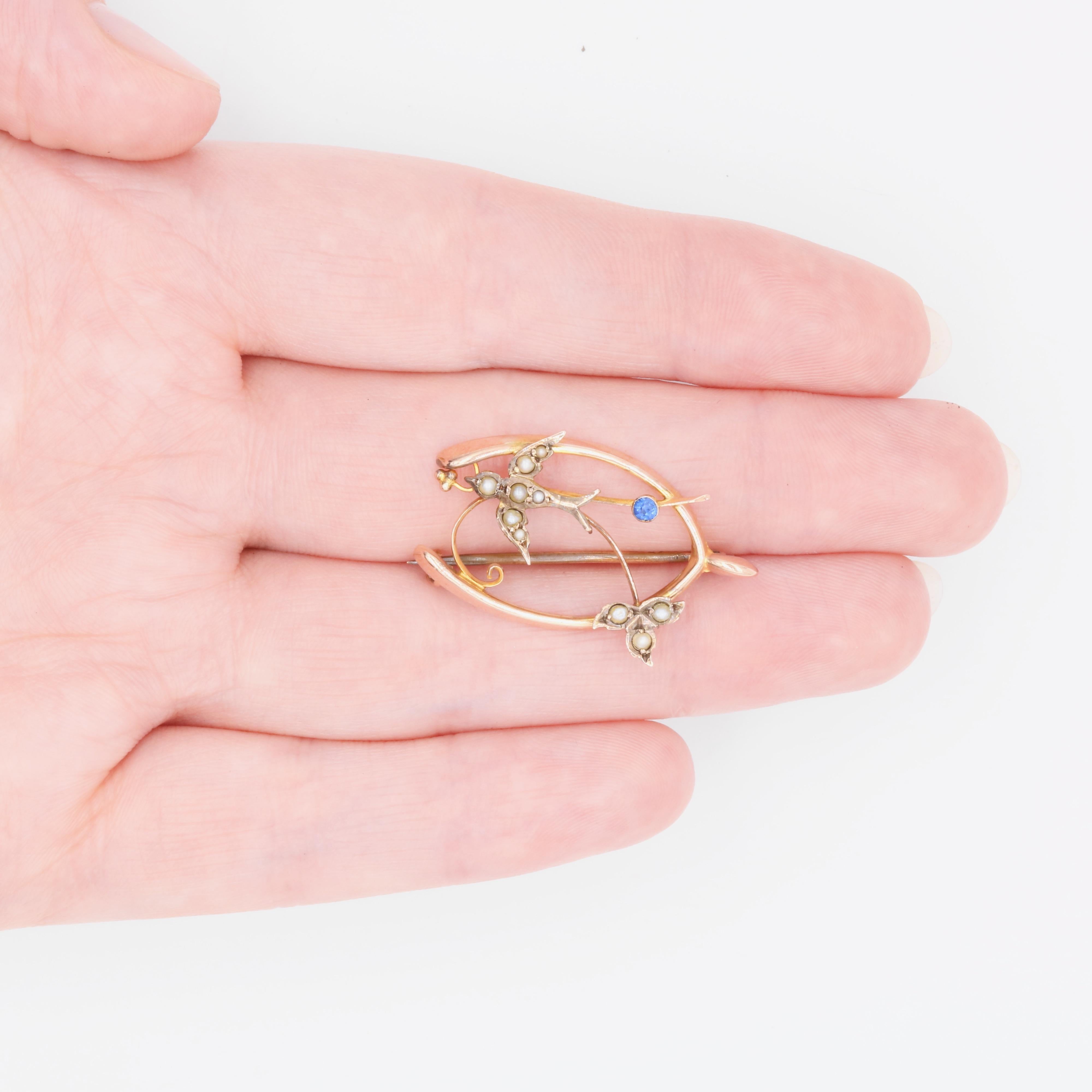 Antique Edwardian 9K Yellow Gold Blue Paste and Pearl Swallow Wishbone Brooch For Sale 5