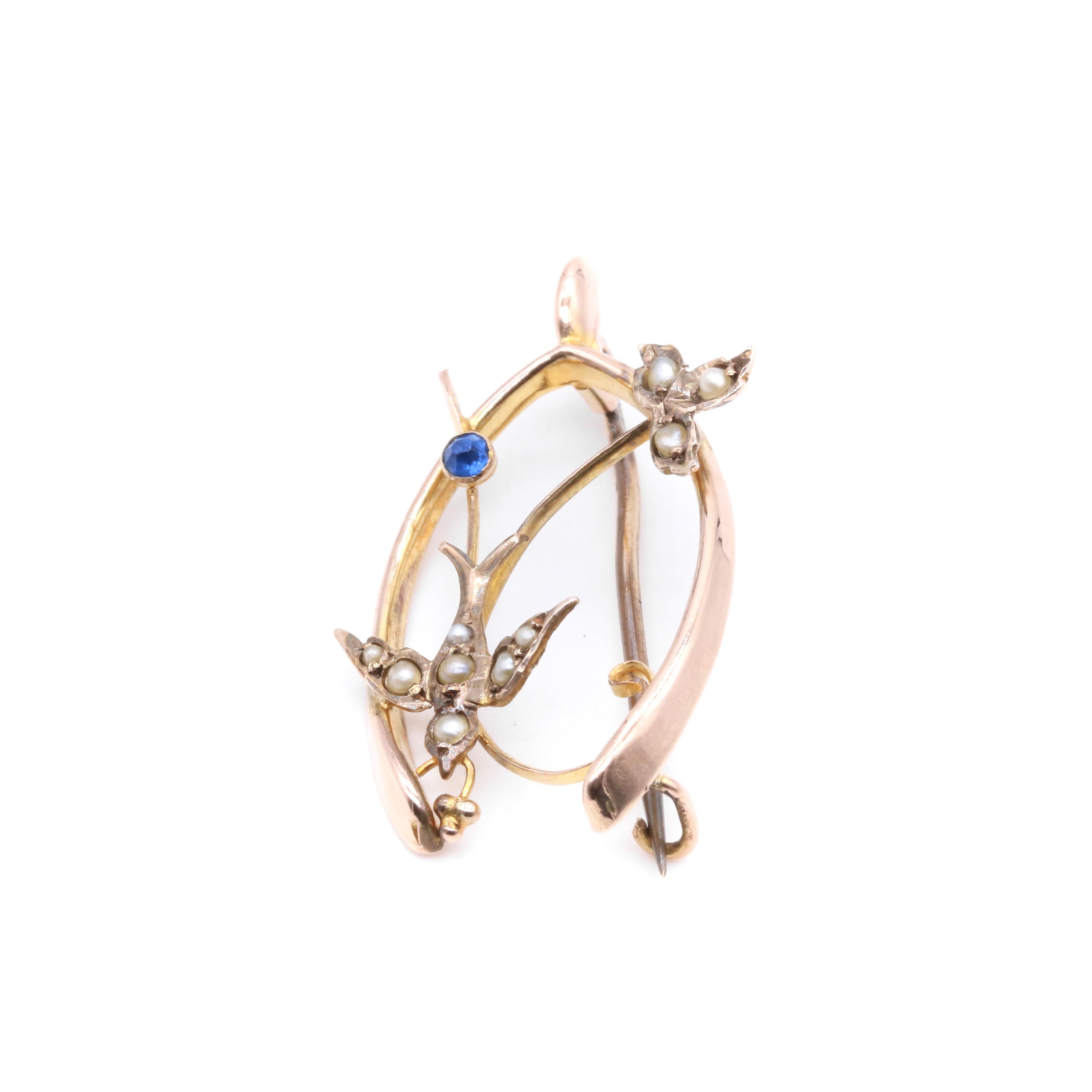Women's or Men's Antique Edwardian 9K Yellow Gold Blue Paste and Pearl Swallow Wishbone Brooch For Sale