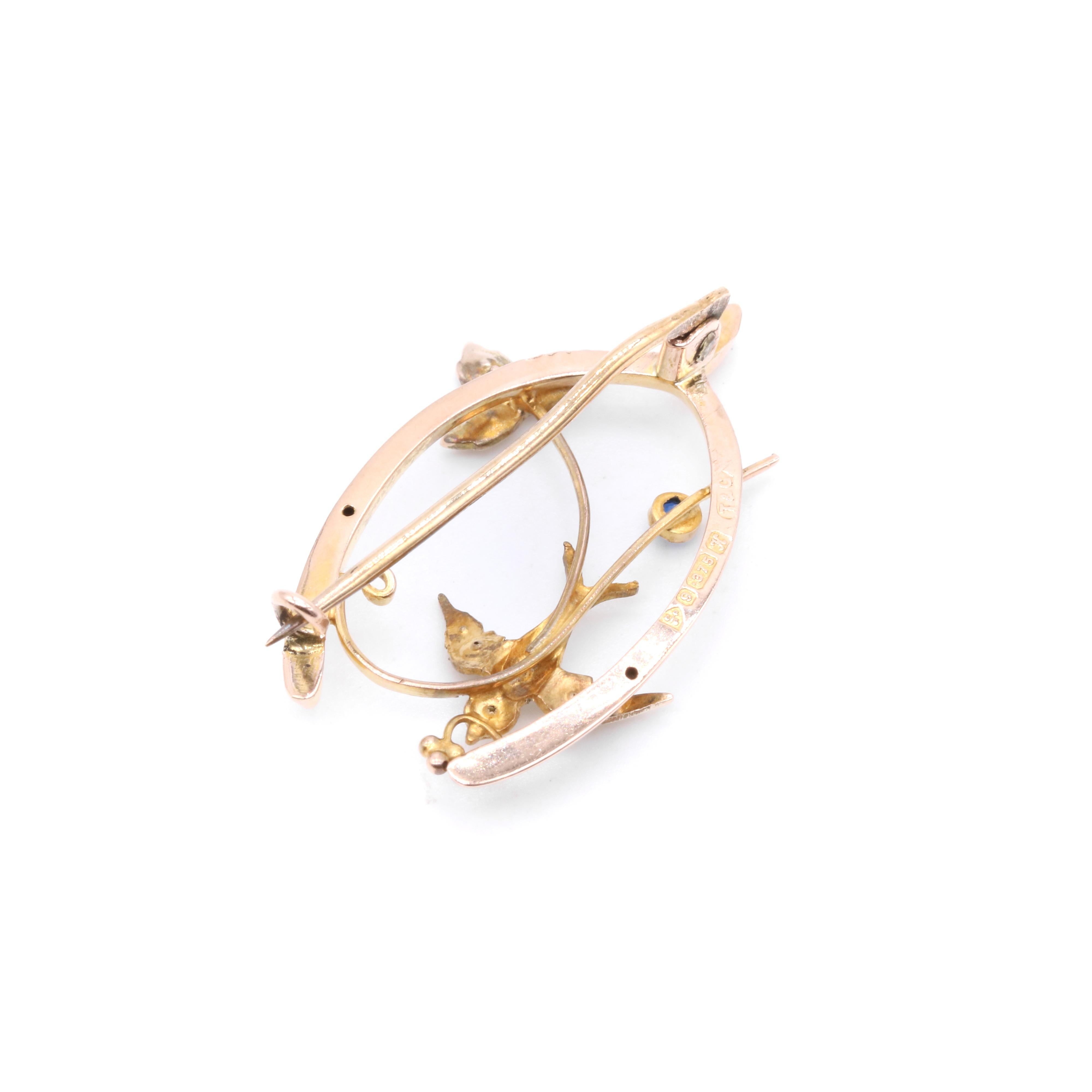 Antique Edwardian 9K Yellow Gold Blue Paste and Pearl Swallow Wishbone Brooch For Sale 3
