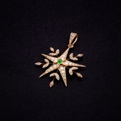 Antique Edwardian 9K Yellow Gold Demantoid Garnet and Seed Pearl Star Pendant