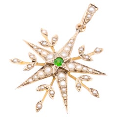 Antique Edwardian 9K Yellow Gold Demantoid Garnet and Seed Pearl Star Pendant