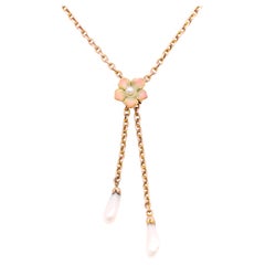Antike edwardianische 9K Gelbgold Emaille- und Perlen-Blumen-Halskette