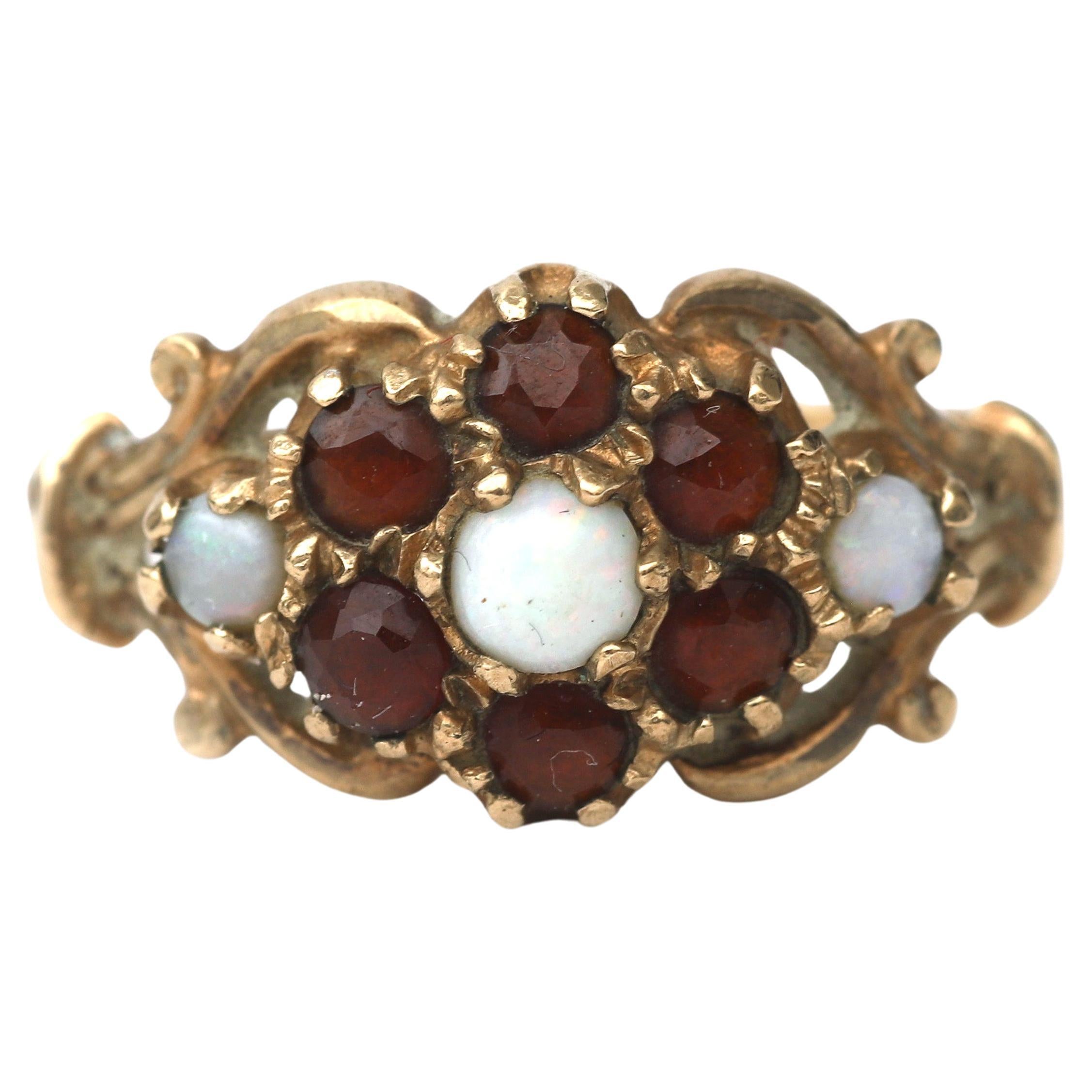 Antique Edwardian 9K Yellow Gold Opal and Garnet Halo Ring For Sale 5