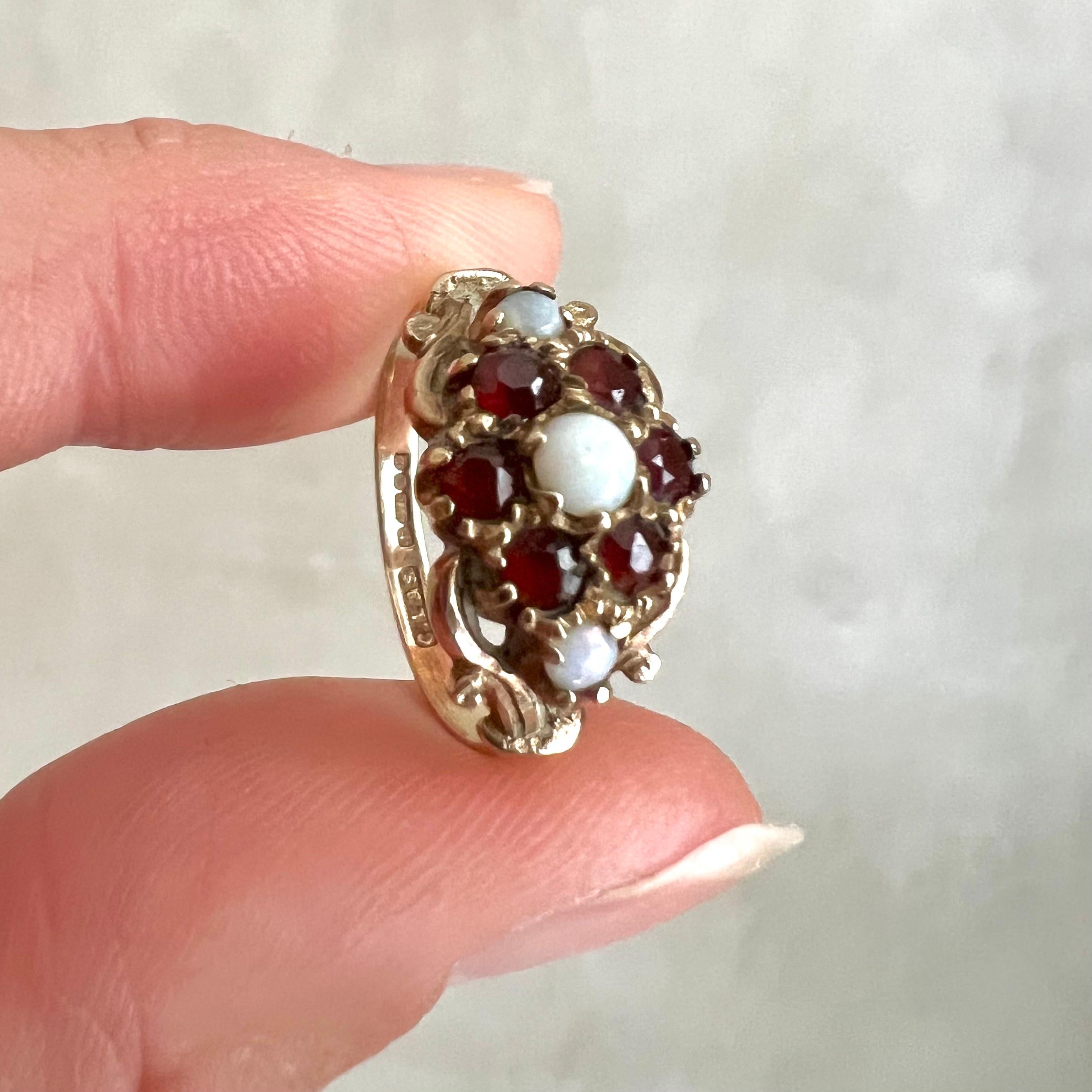 Round Cut Antique Edwardian 9K Yellow Gold Opal and Garnet Halo Ring For Sale