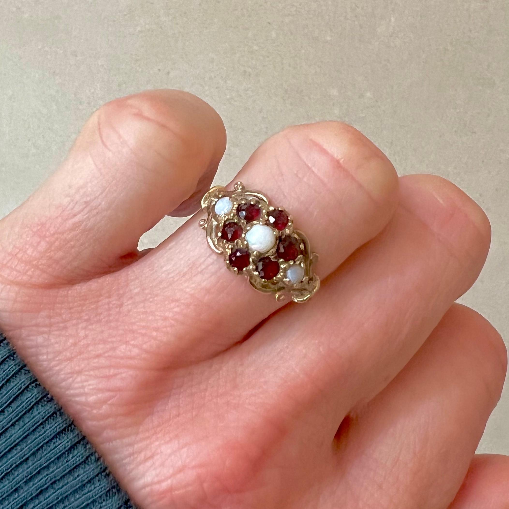 Women's Antique Edwardian 9K Yellow Gold Opal and Garnet Halo Ring For Sale