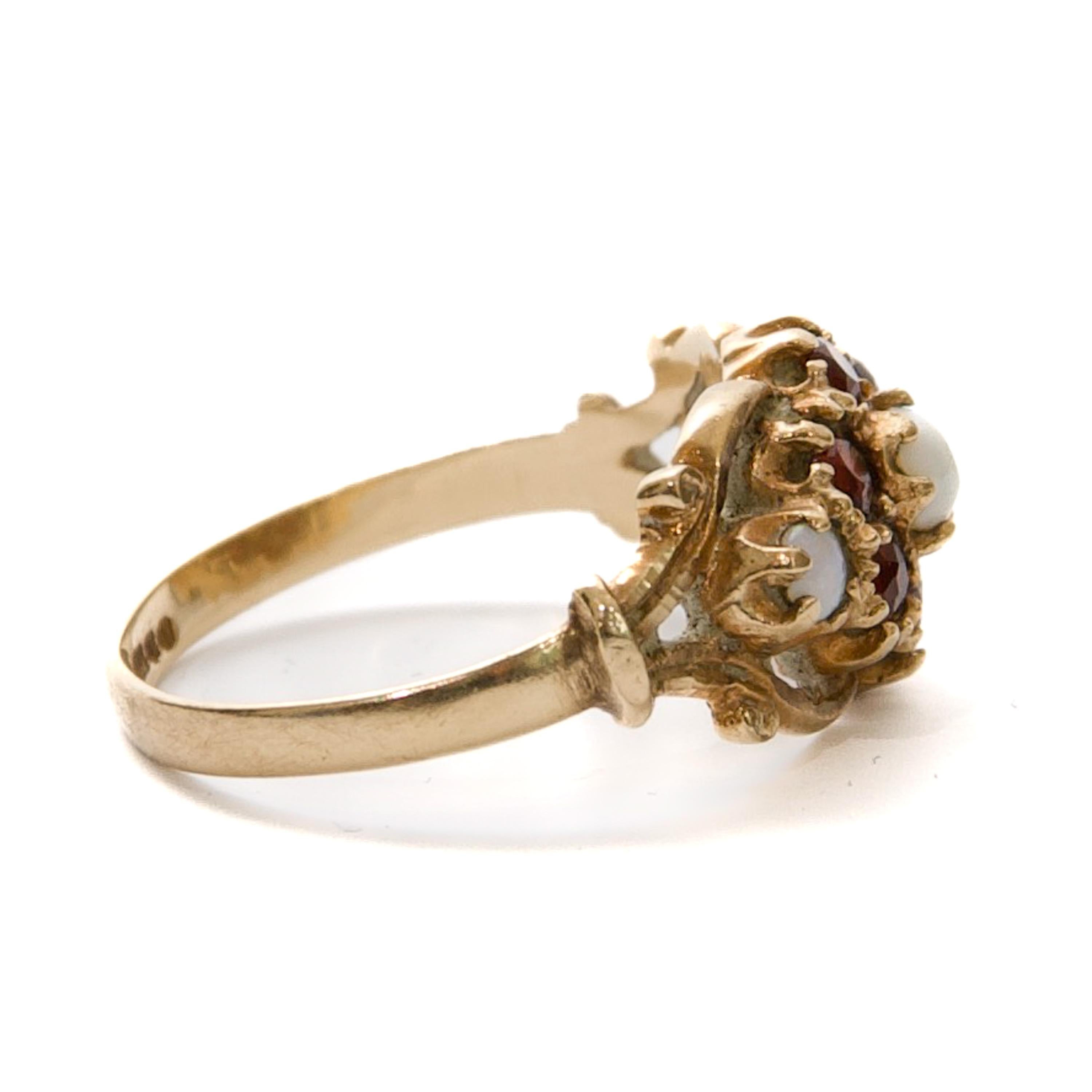 Antique Edwardian 9K Yellow Gold Opal and Garnet Halo Ring For Sale 4