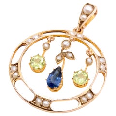 Antique Edwardian 9K Yellow Gold Peridot, Sapphire and Pearl Pendant