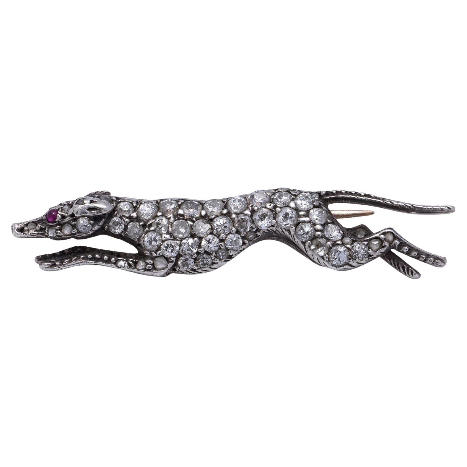 Antique Edwardian 9kt Gold and Silver Greyhound Brooch