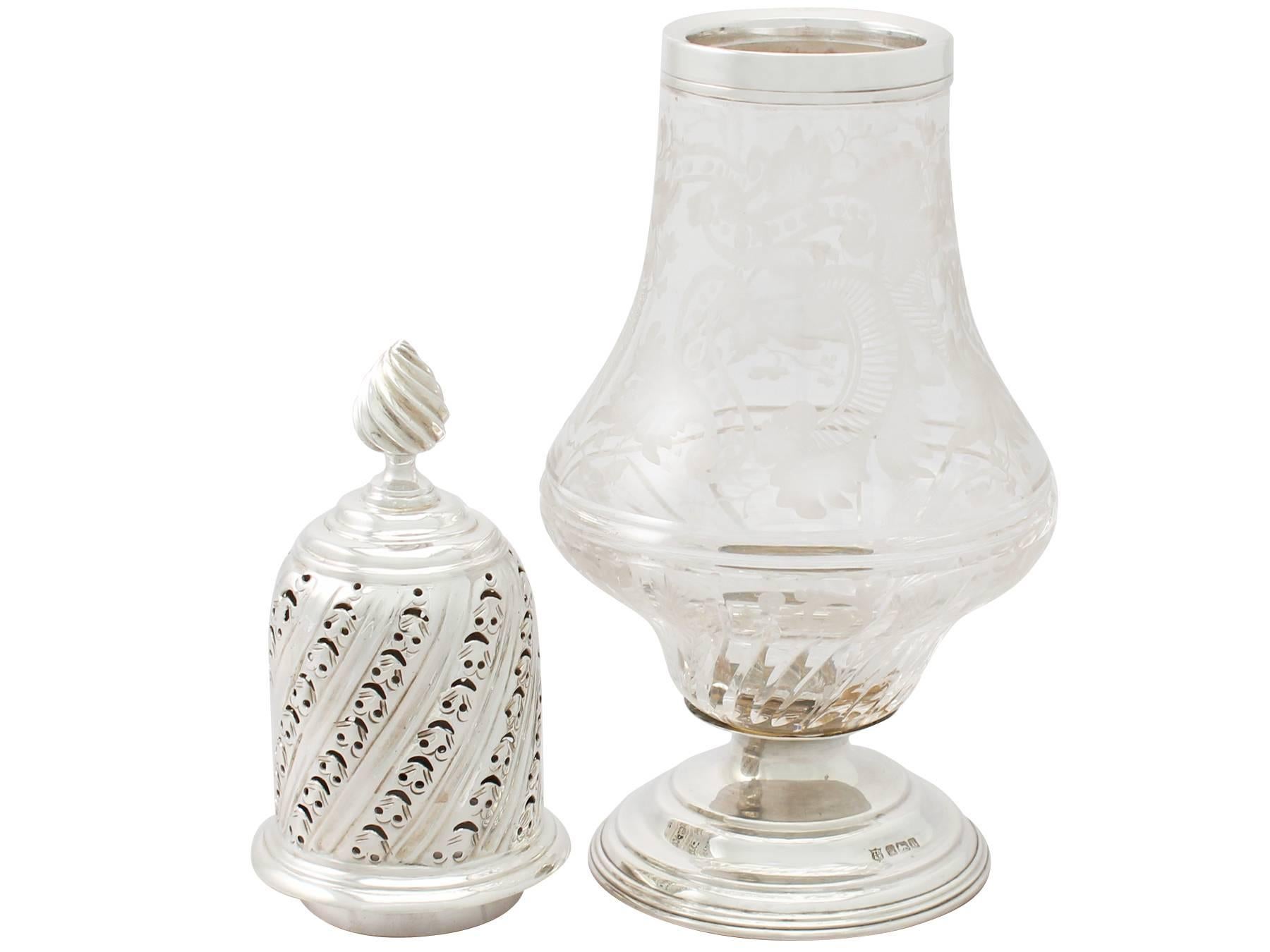 English Antique Edwardian Acid Etched Glass and Sterling Silver Sugar Caster, 1905 For Sale