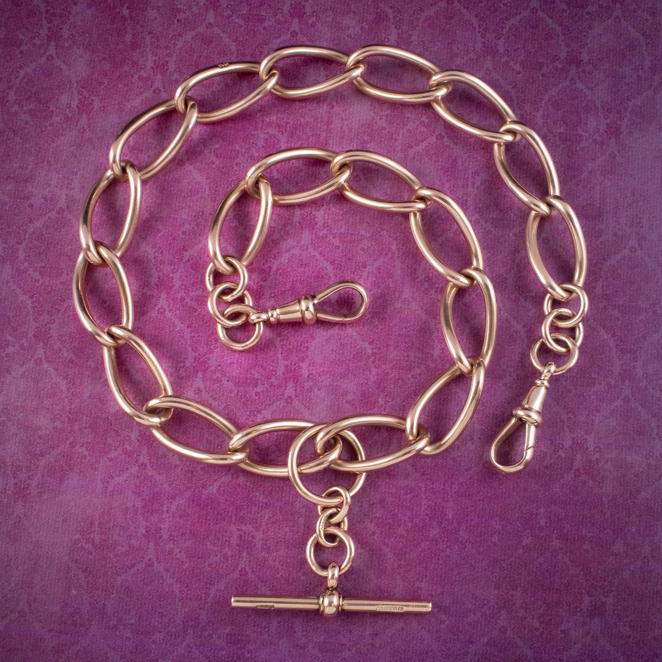 A grand antique Edwardian Albert chain from the early 1900s made up of solid 9ct gold curb links that have a lovely smoothness and strong rosy hue, each stamped “375/ 9ct”.

Albert chains were popularised and named after Prince Albert, Queen