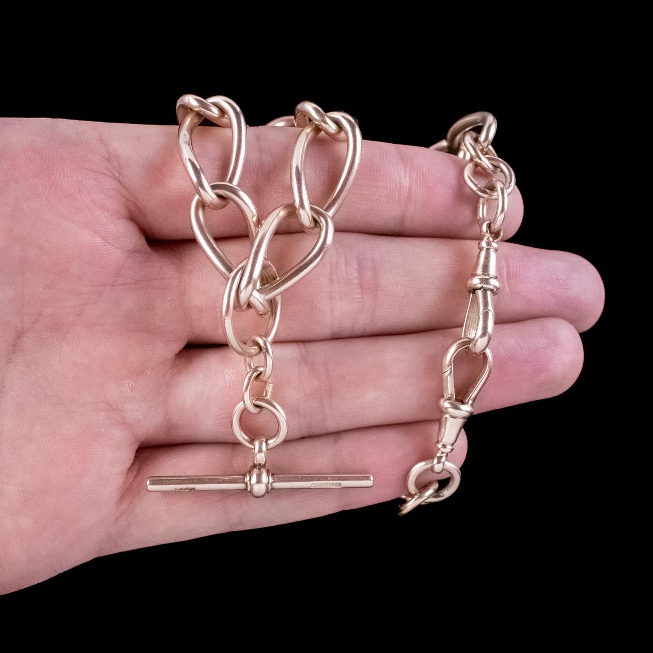 Women's or Men's Antique Edwardian Albert Chain 9 Carat Rose Gold with T-Bar For Sale